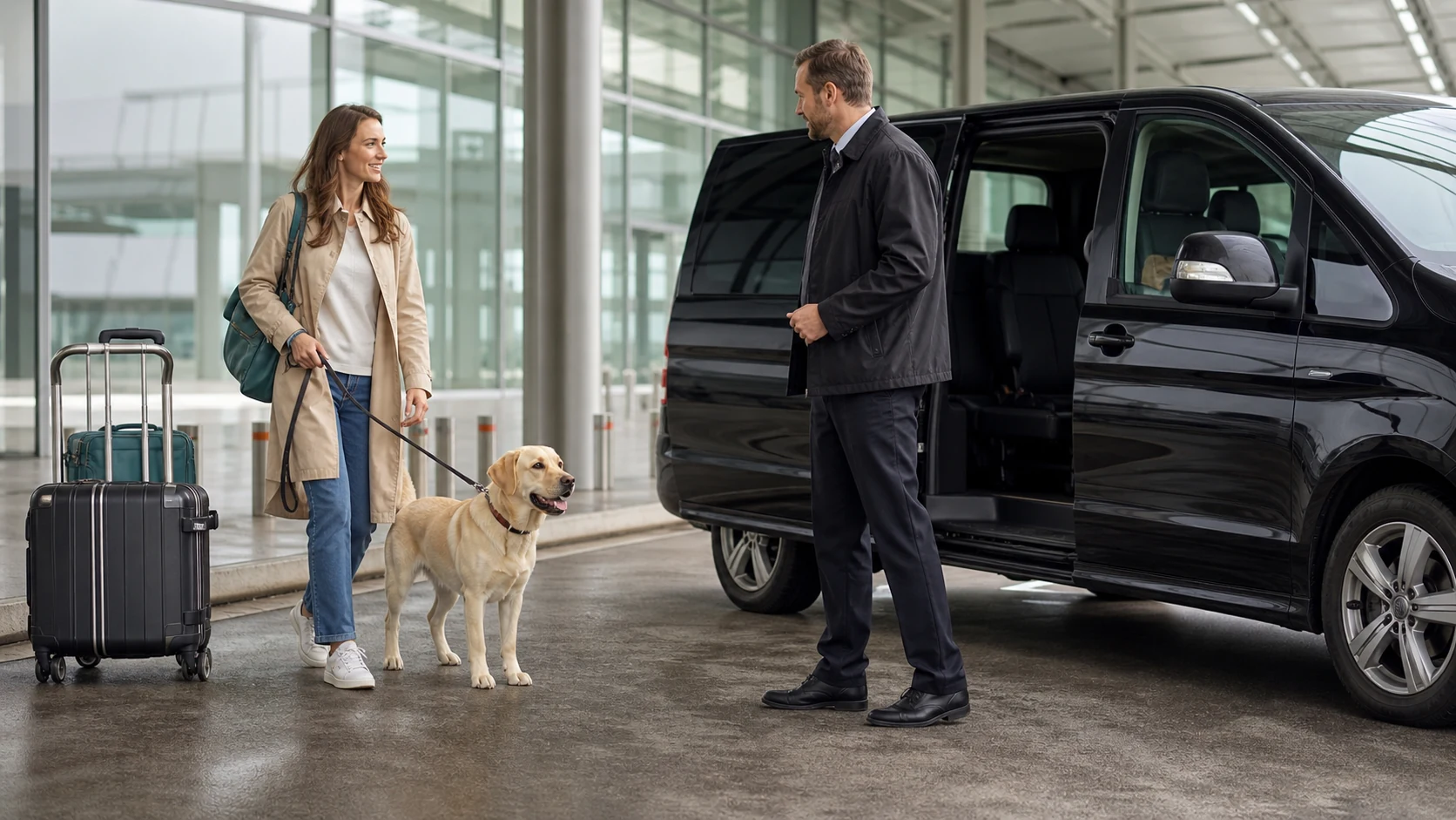 Passenger and dog meeting a private pet taxi after an airport arrival