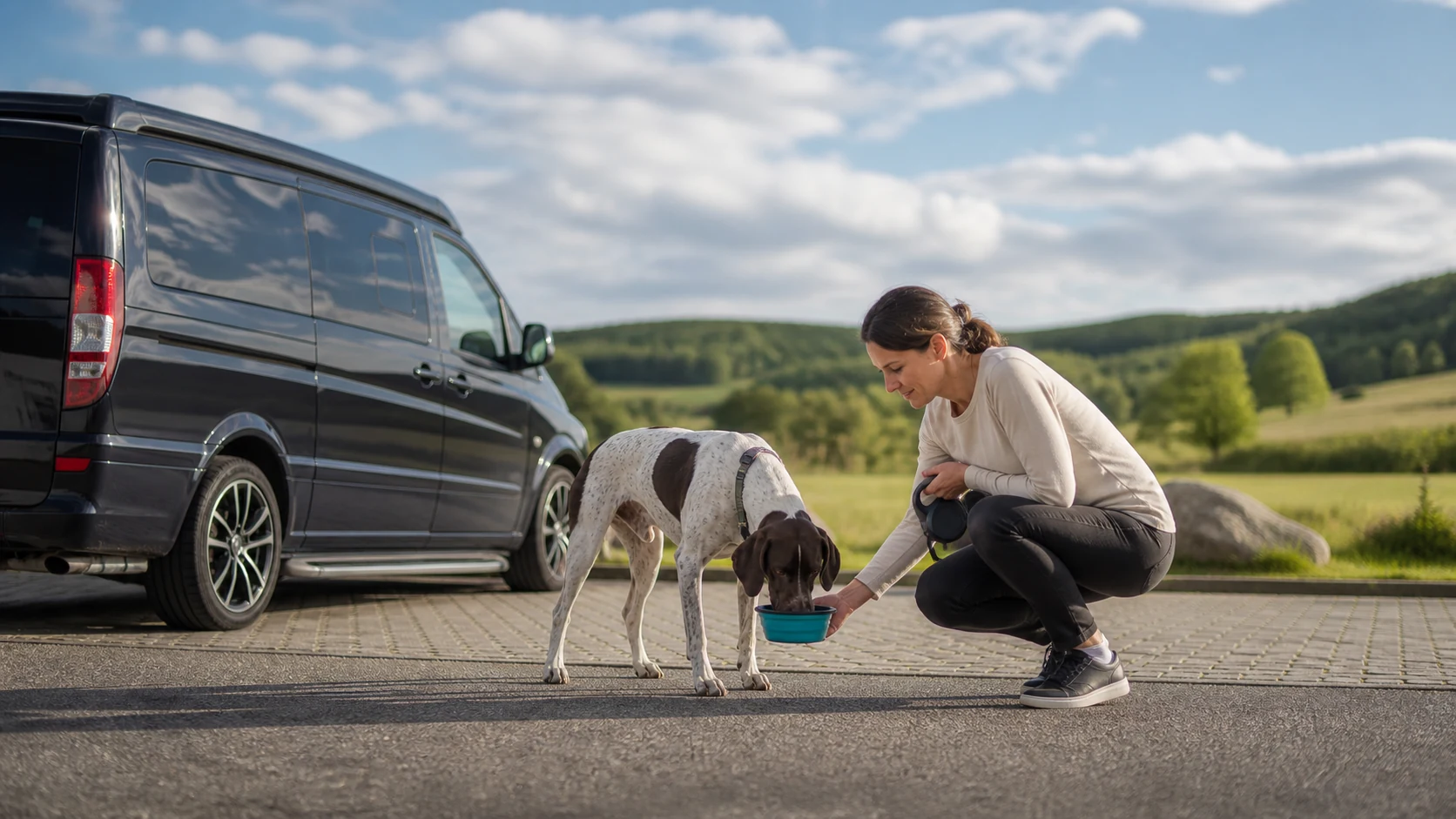 Dog resting during a private road journey from Paris to London