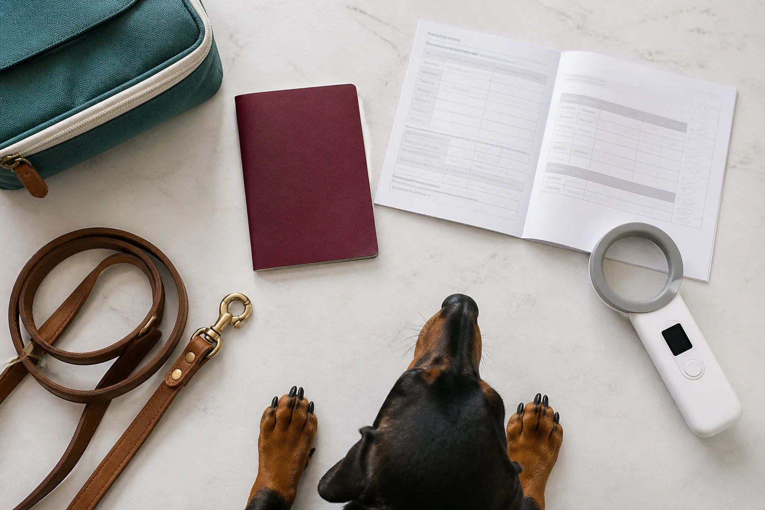 Pet travel documents arranged beside a route notebook for a price guide