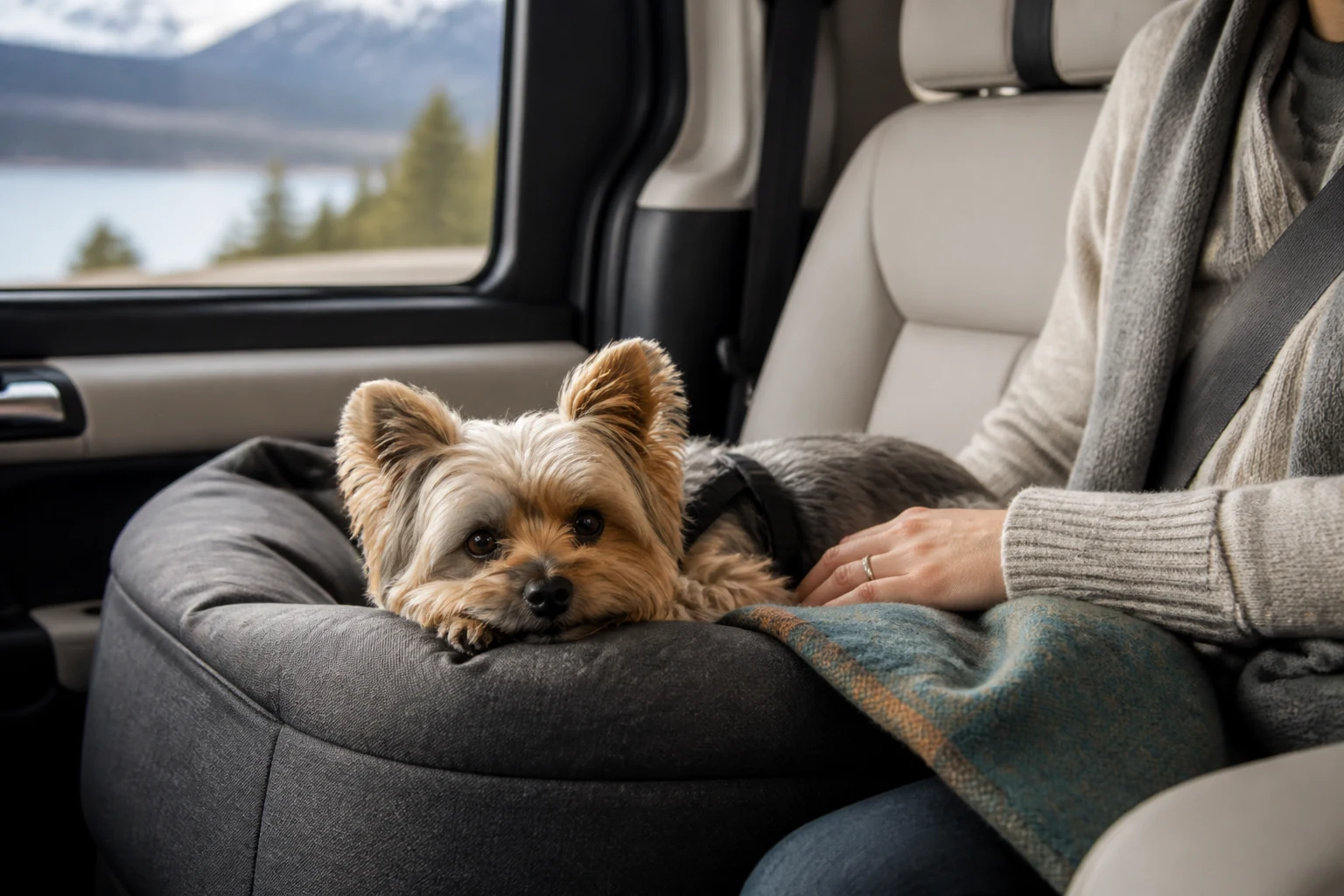 Small dog travelling calmly with its owner during a pet journey