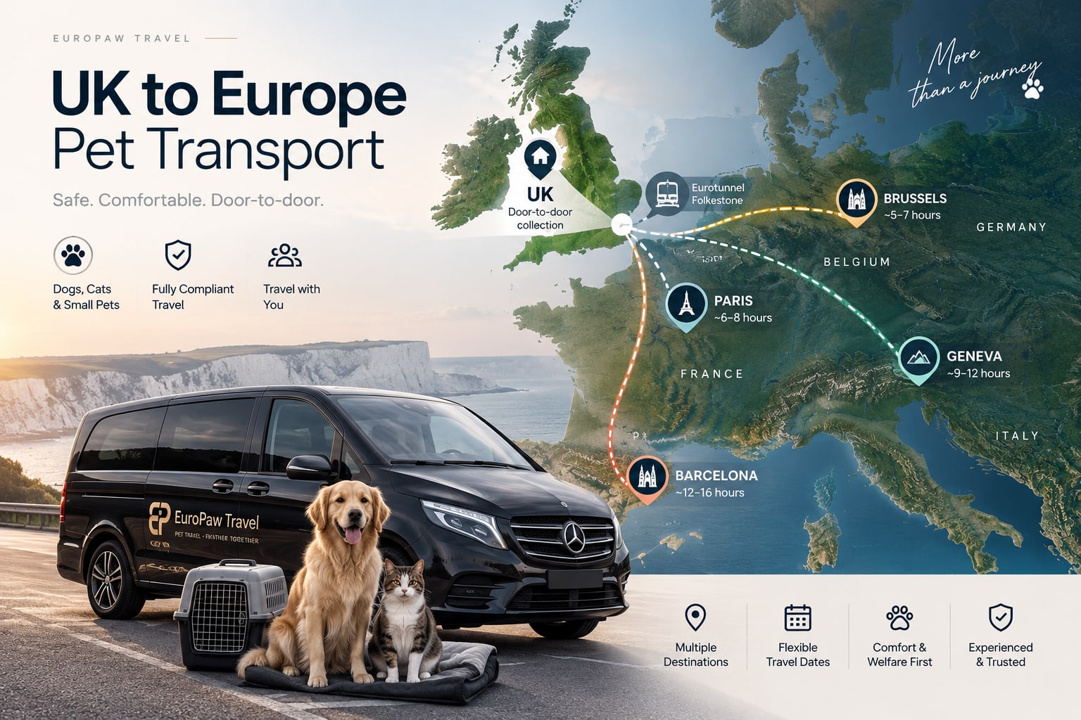 EuroPaw Travel UK to Europe pet transport graphic showing a private vehicle, dog, cat, carrier and routes from the UK to European destinations
