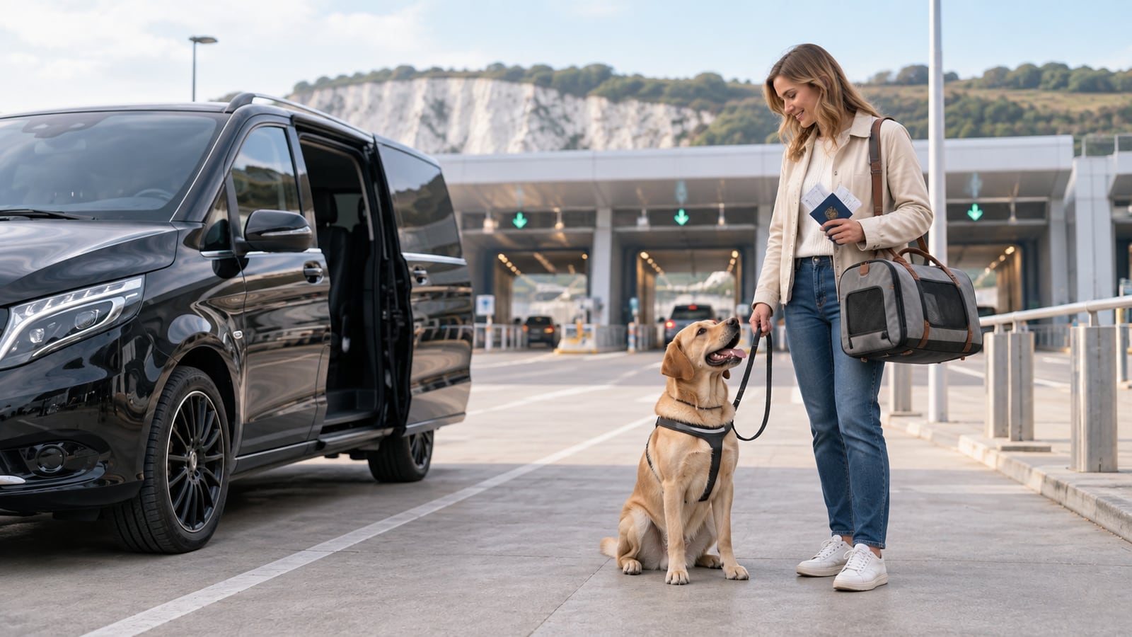 Woman with a dog and travel bag beside a private pet taxi vehicle at the Eurotunnel terminal