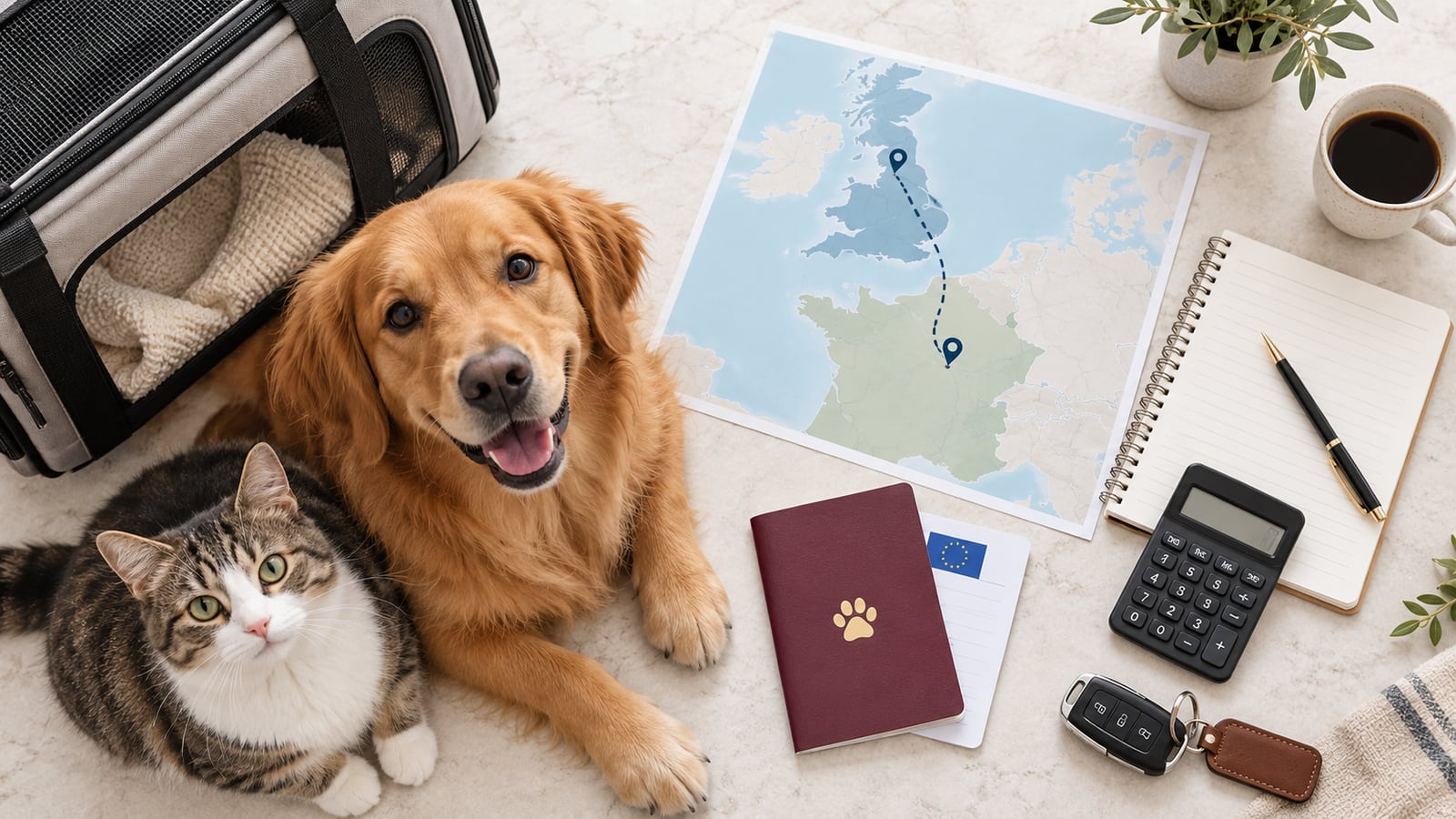 Golden retriever and tabby cat beside a France to UK map, pet passport, calculator and travel documents
