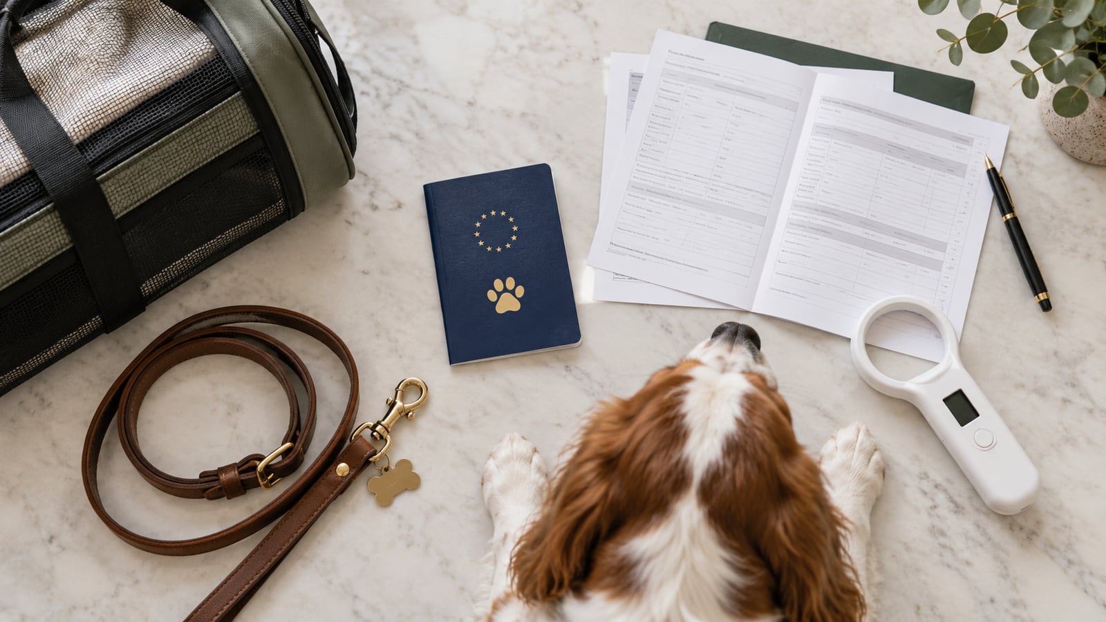 Pet travel paperwork with an EU pet passport and health certificate beside a carrier, lead, dog and microchip scanner