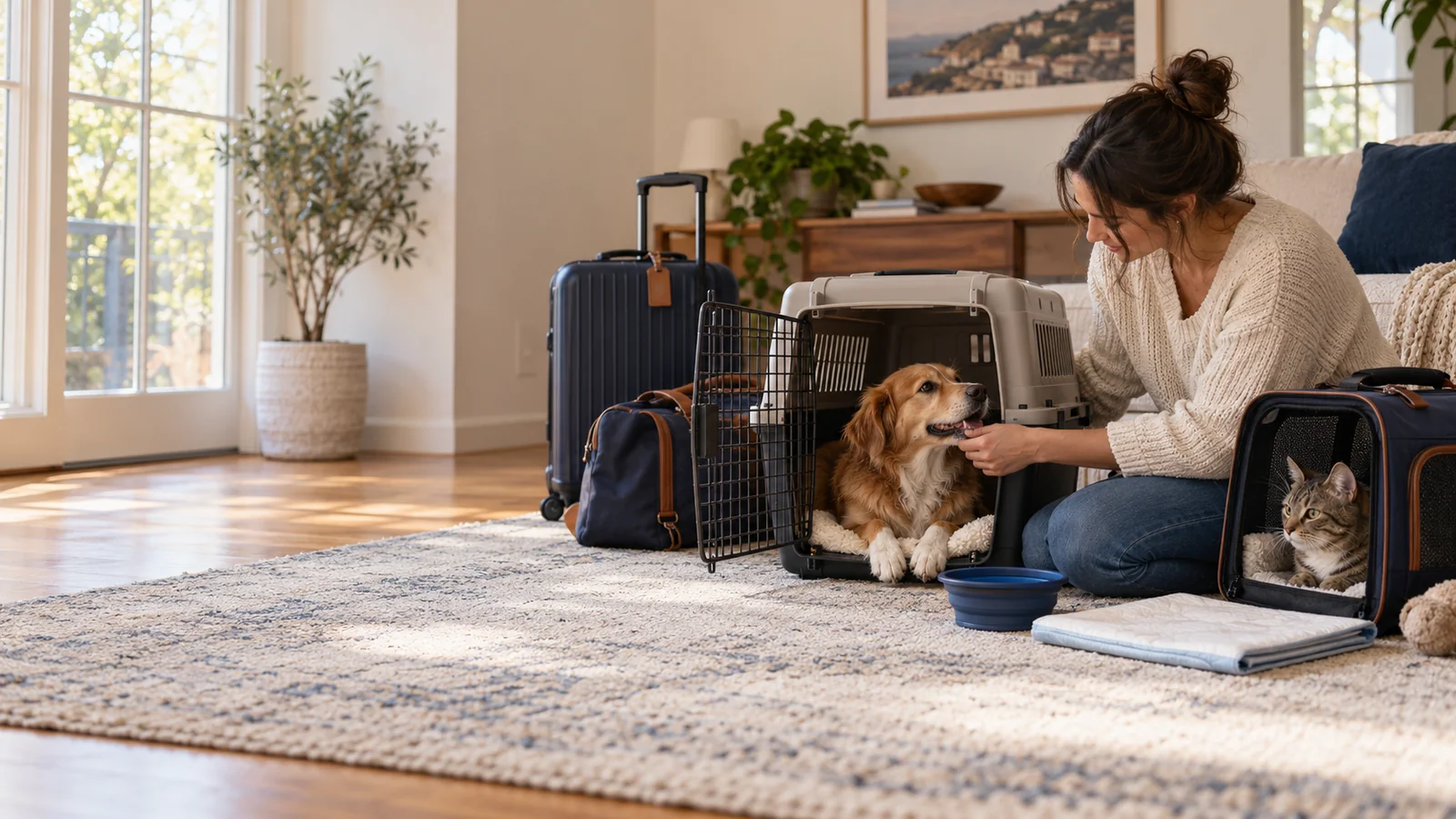 Traveller calmly preparing a dog crate and cat carrier at home before a flight
