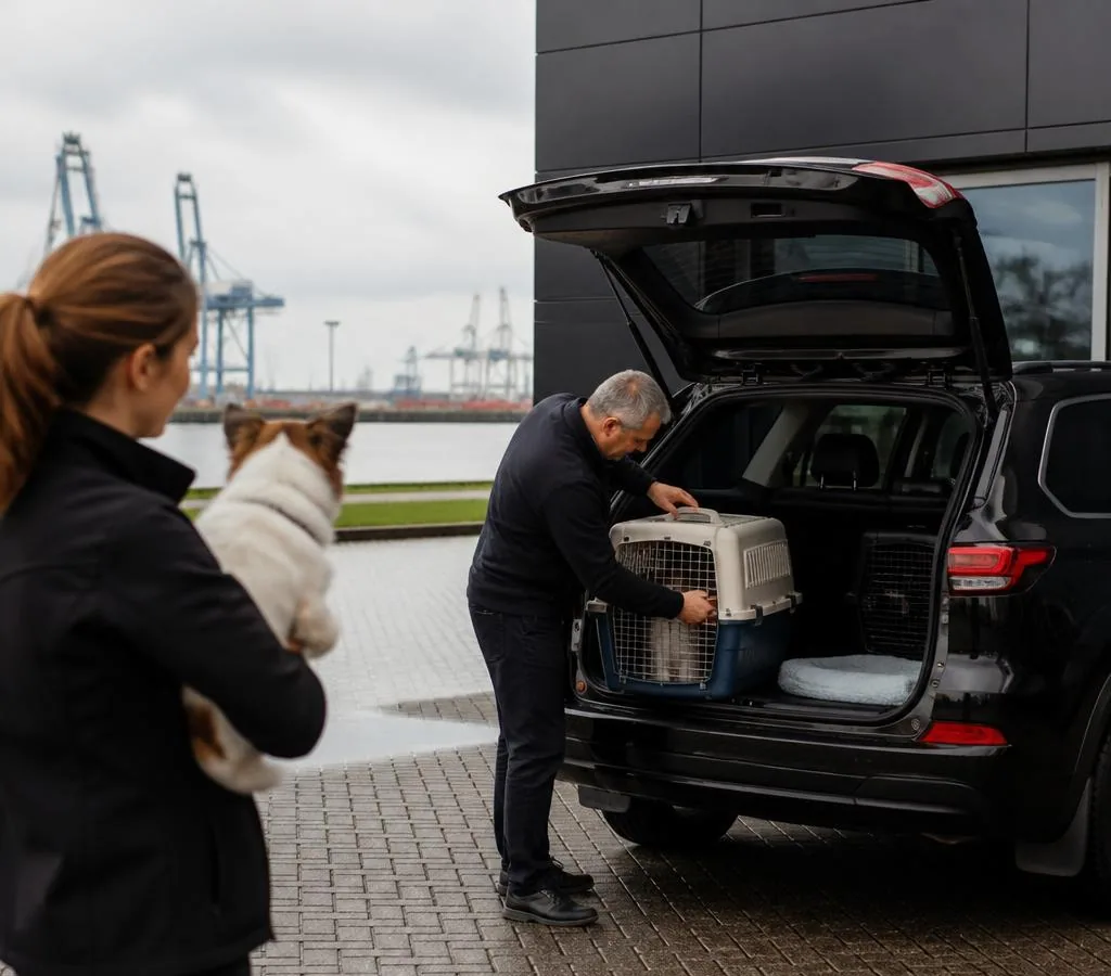 EuroPaw team preparing a private pet taxi journey from Antwerp to the UK