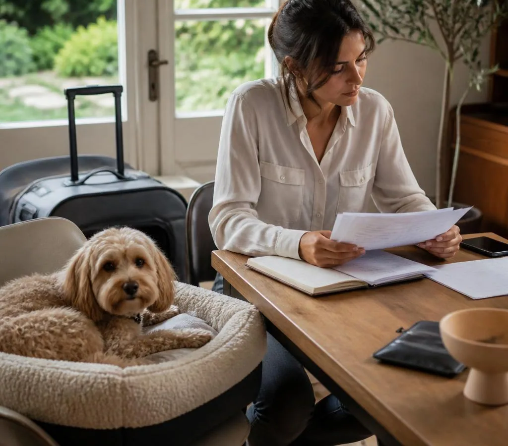 Small dog travelling calmly while its owner prepares UK pet travel documents