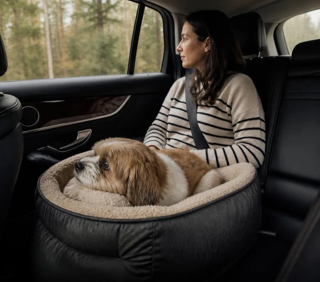 Small dog travelling calmly with its owner during a pet journey