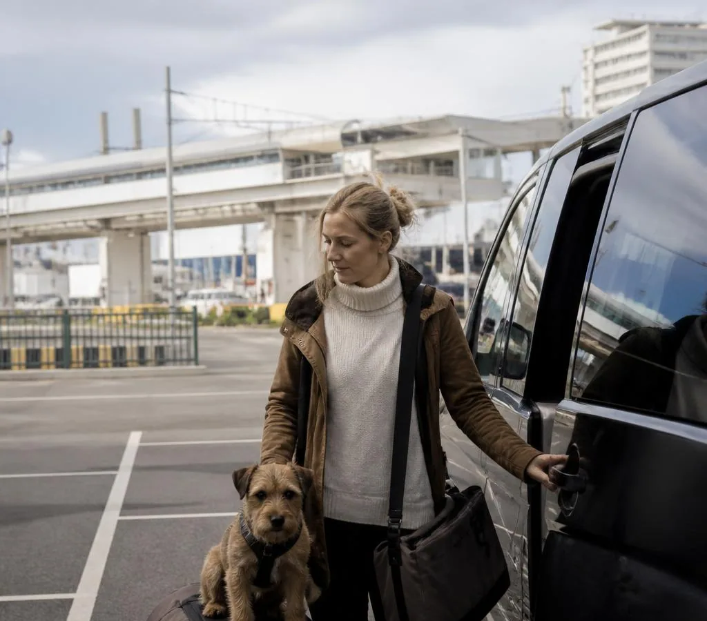 Woman with a dog and travel bag beside a private pet taxi vehicle at the Eurotunnel terminal
