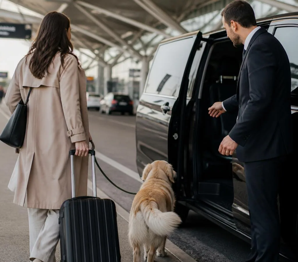 Passenger and dog meeting a private pet taxi after an airport arrival