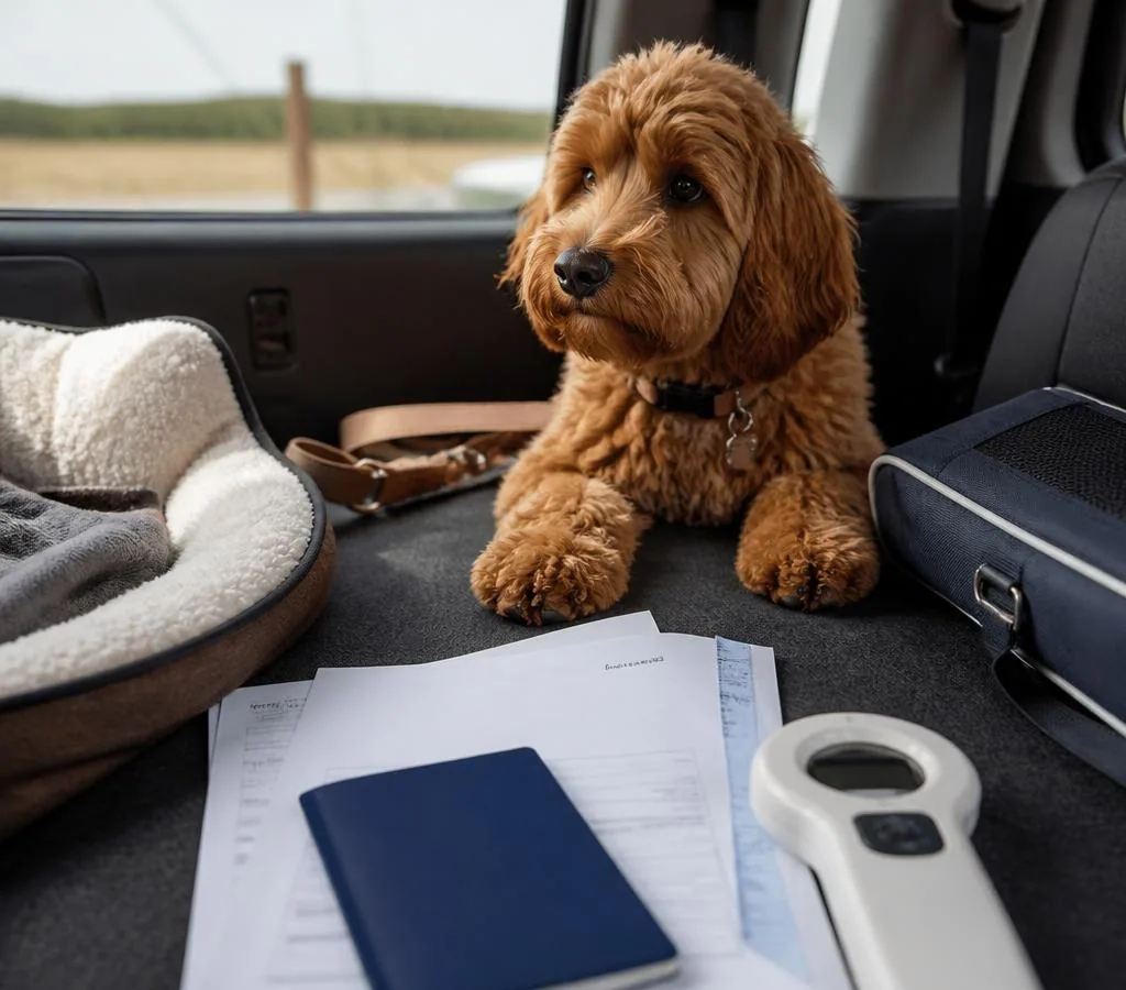 Dog beside pet passport, veterinary paperwork and microchip scanner