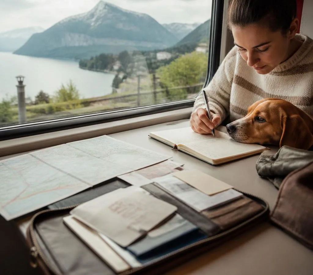 Pet travel documents arranged beside a route notebook