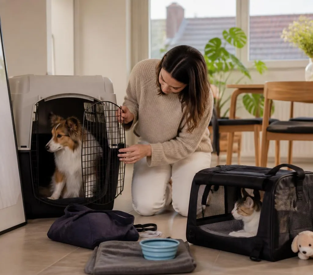 Traveller calmly preparing a dog crate and cat carrier at home before a flight