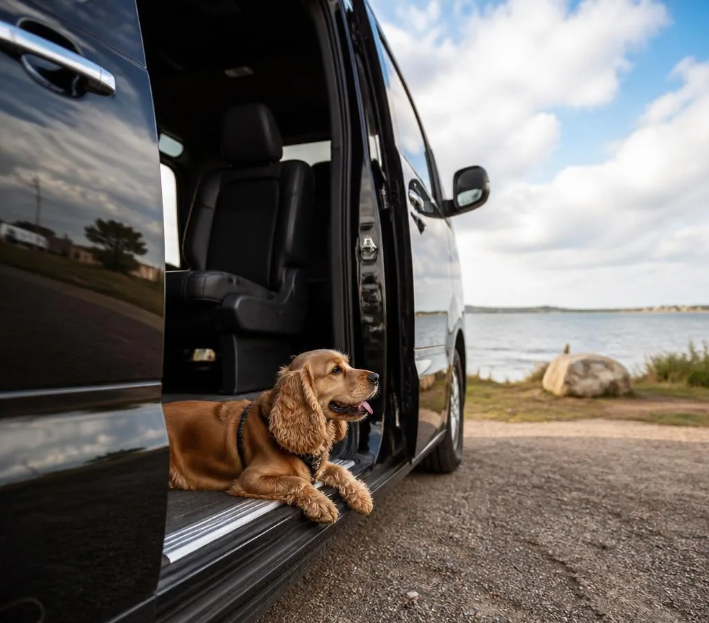 Dog taking a rest break during a private journey from Paris to London