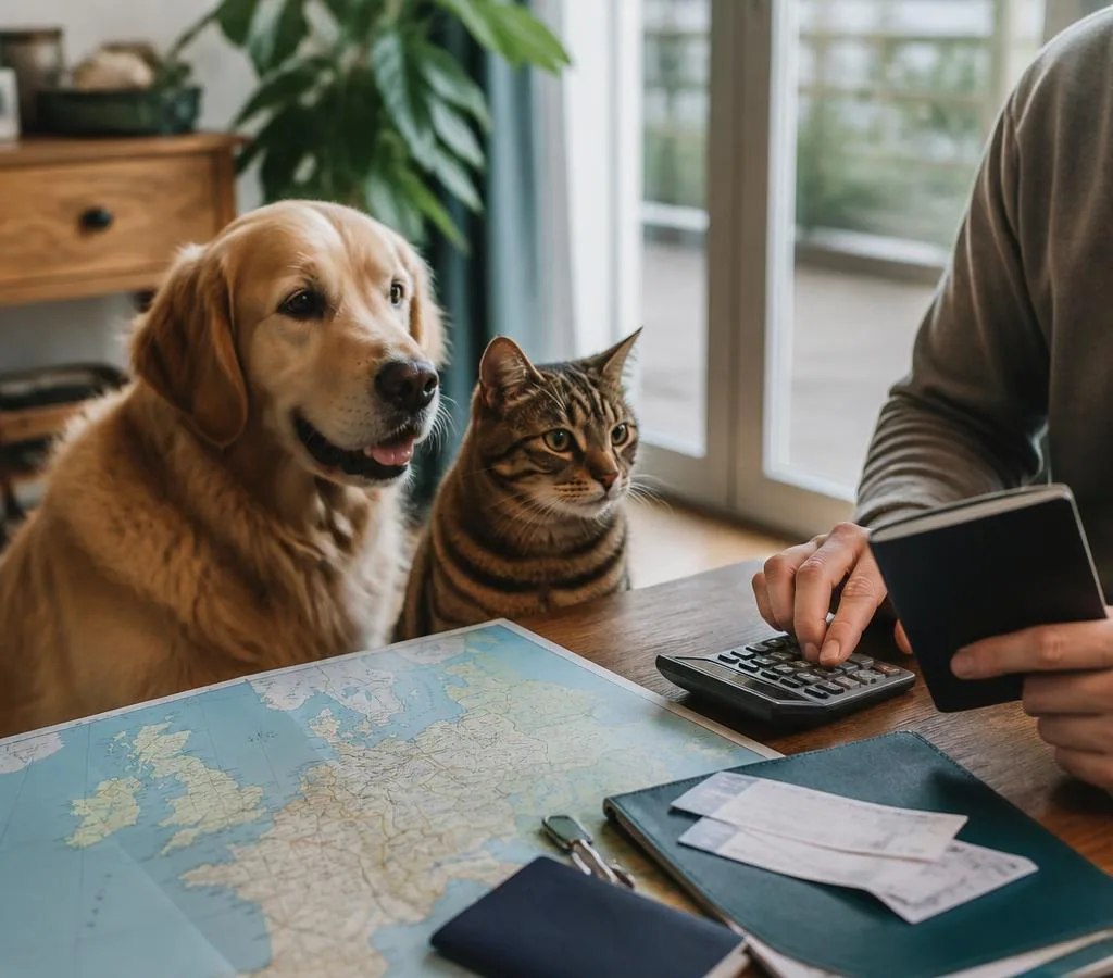 Golden retriever and tabby cat beside a France to UK map, pet passport, calculator and travel documents