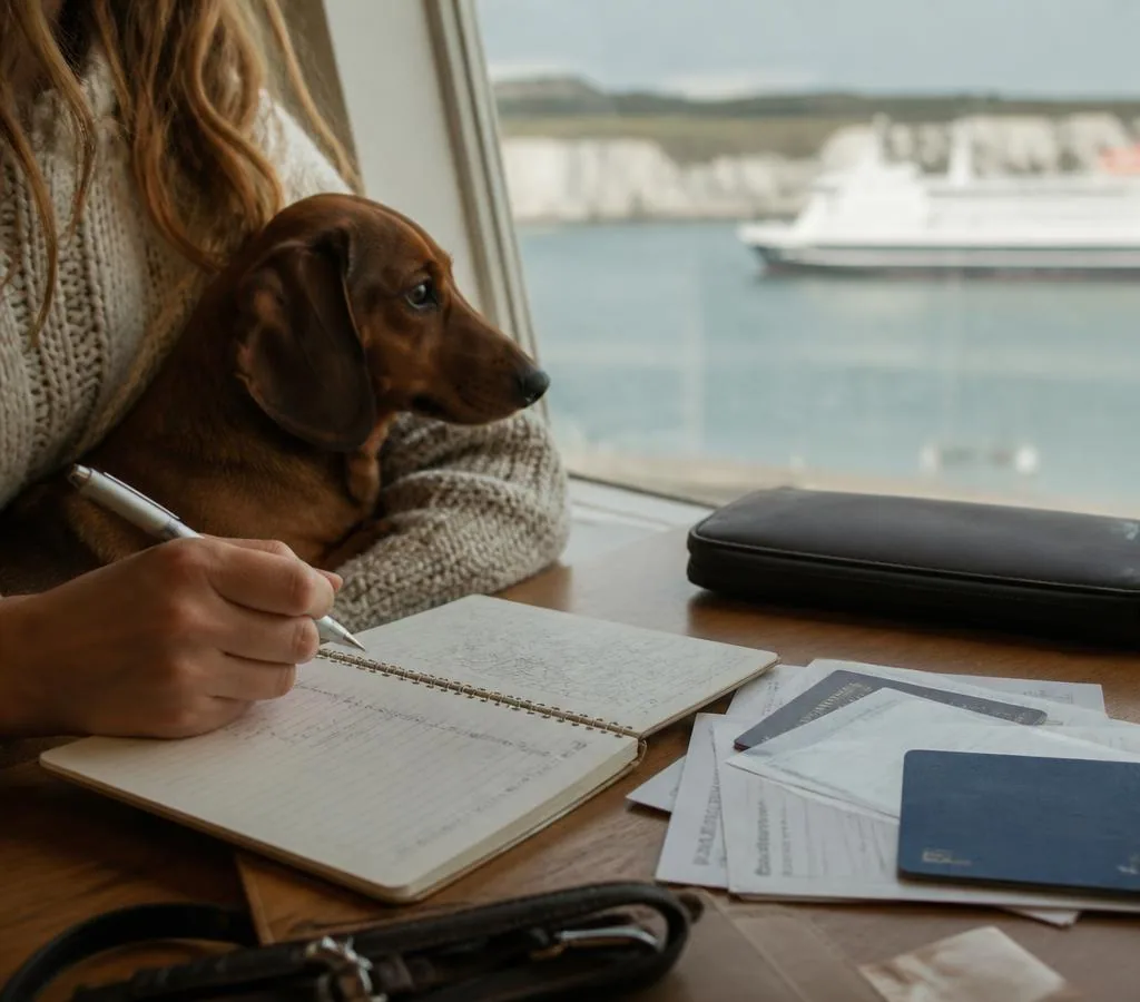 Pet travel documents arranged beside a route notebook