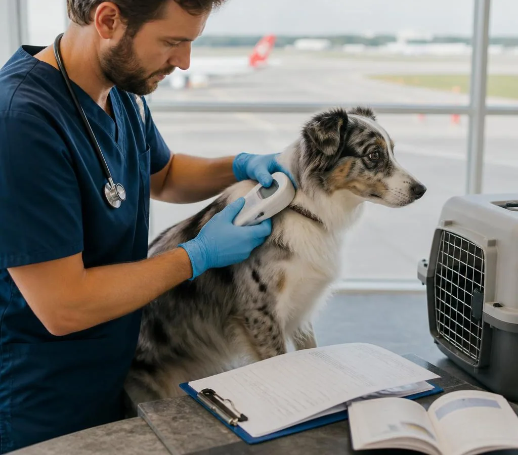 Veterinarian scanning a dog's microchip beside pet travel paperwork and a cat carrier