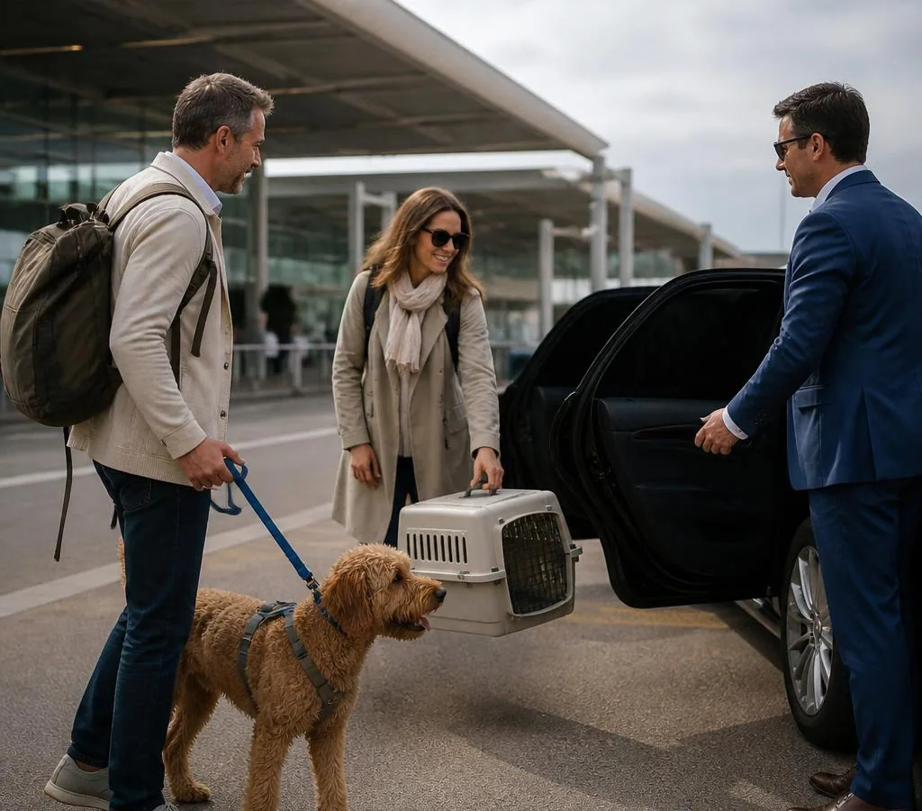 Travellers with a dog and cat carrier meeting a private driver outside an airport
