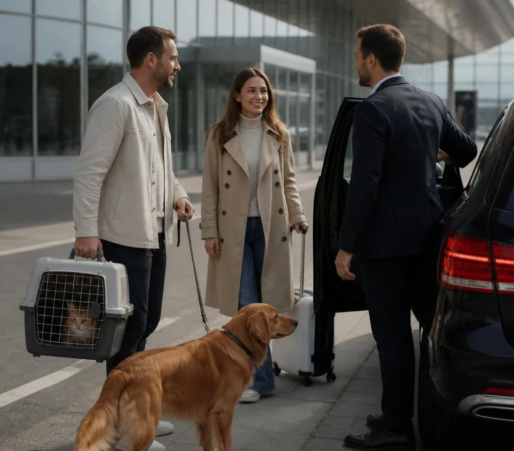 Travellers with a dog and cat carrier meeting a private driver at an airport pickup area