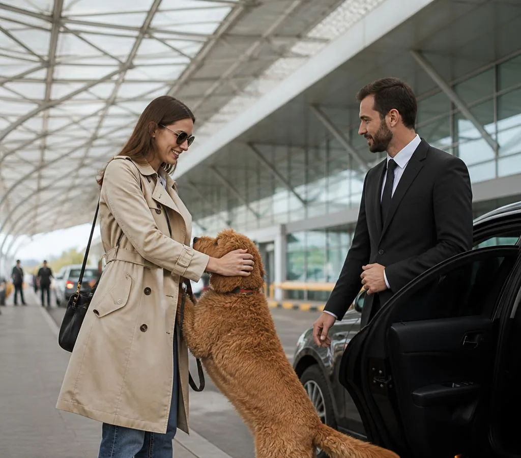 Traveller and dog meeting a private driver outside a European airport terminal