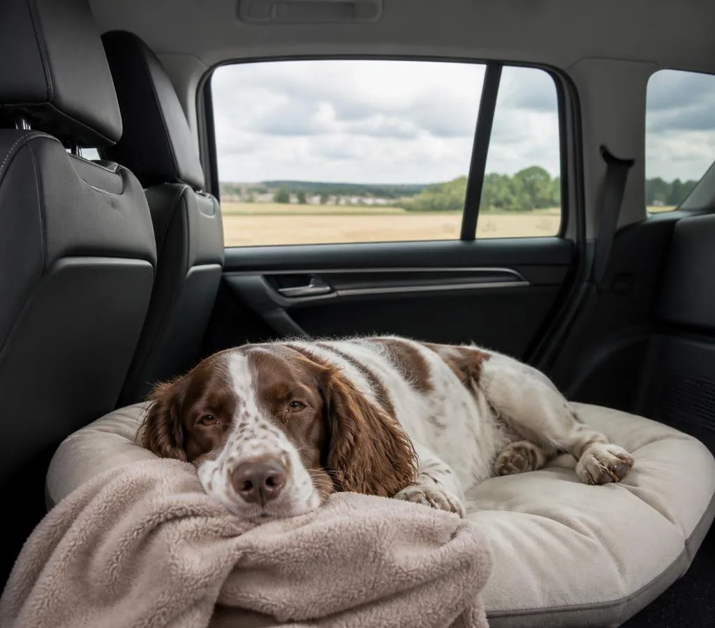 Dog resting comfortably during a private long-distance pet taxi journey from Bordeaux