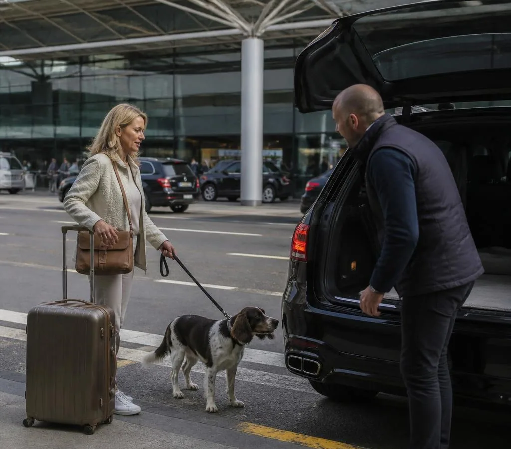 Passenger with a dog meeting a private pet taxi after arriving at CDG Airport