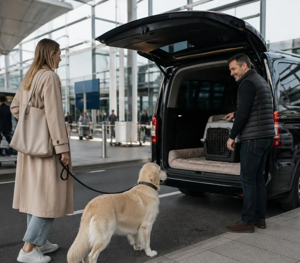 Dog and passenger meeting a private pet taxi at Charles de Gaulle Airport