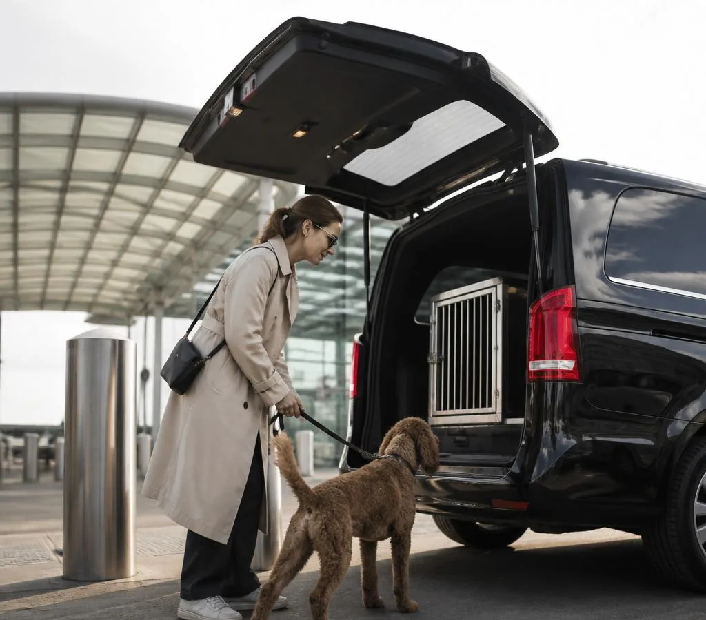 Passenger and dog meeting a private pet taxi at an airport