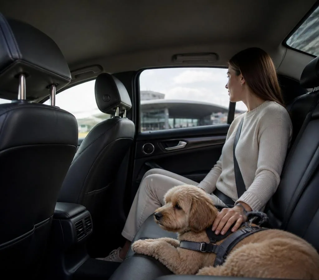 Dog travelling calmly with its owner in a private pet taxi vehicle