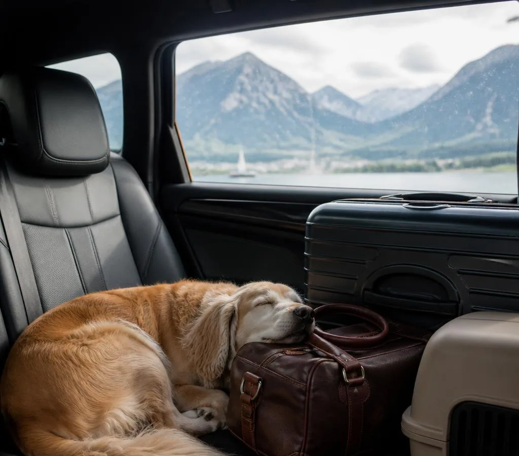 Dog resting beside luggage during a private Geneva to UK pet taxi journey