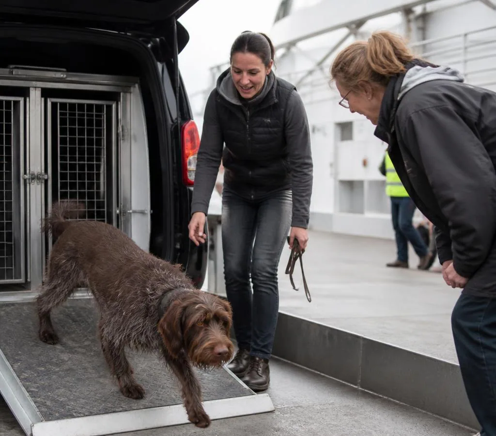 Dog arriving in the UK after a private pet taxi journey from Lille