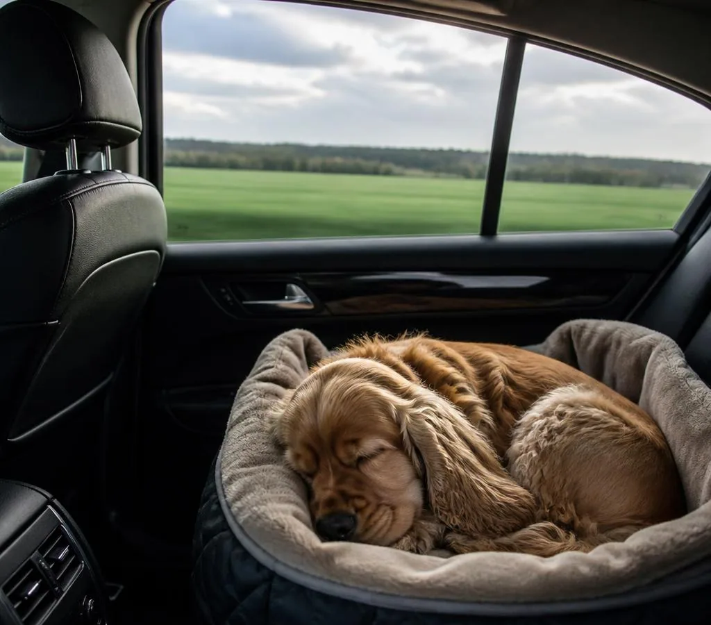 Dog resting during a private Lyon to UK pet taxi journey