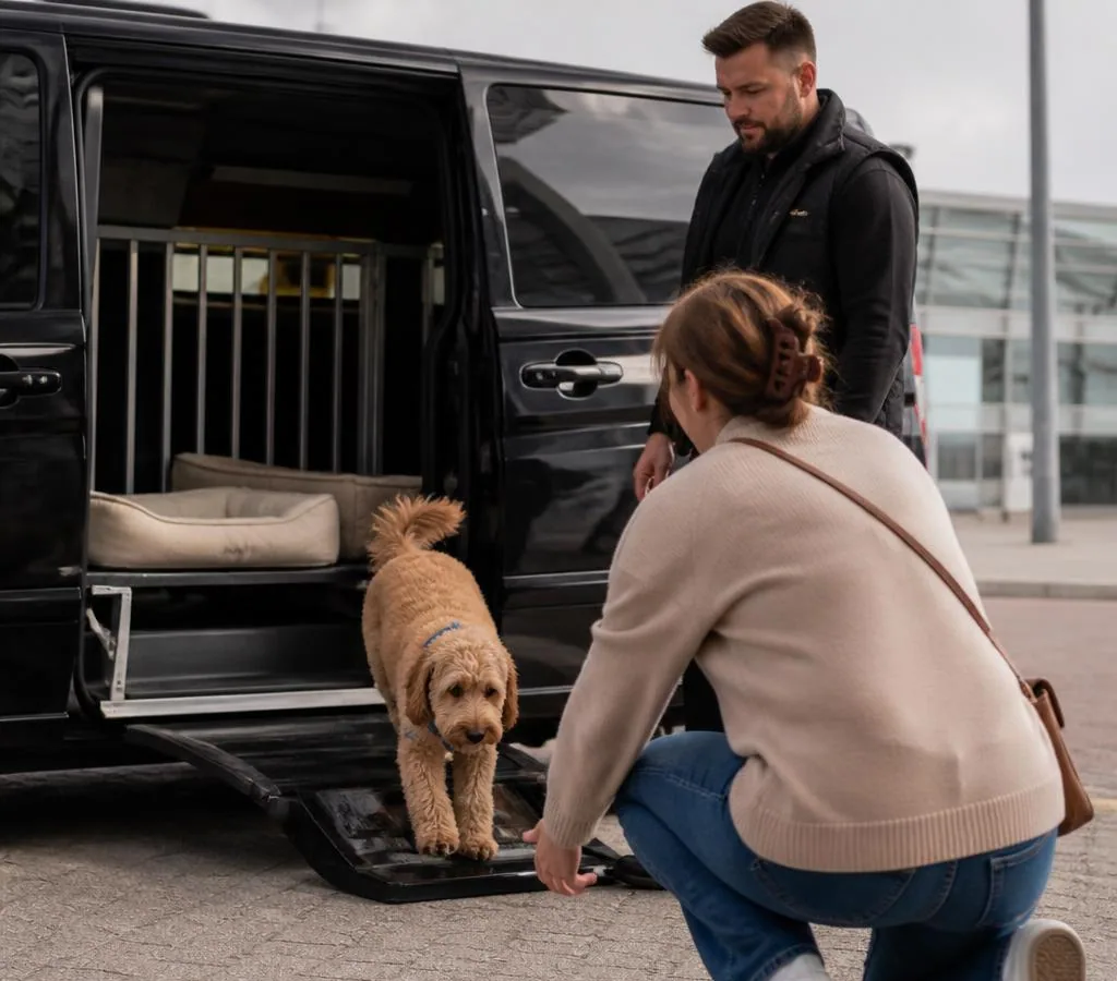 Dog arriving at a UK destination after a private pet taxi journey from Nice