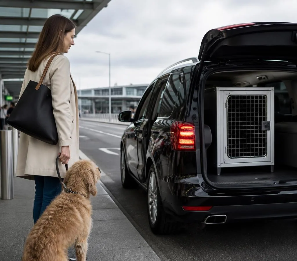 Passenger with a dog meeting a private pet taxi at Paris Orly Airport
