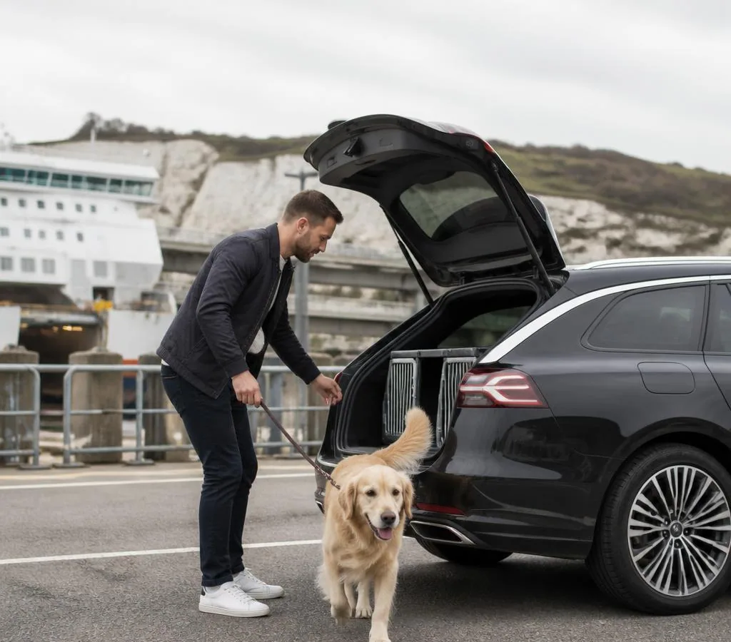 Dog arriving at a Kent destination beside a private pet taxi