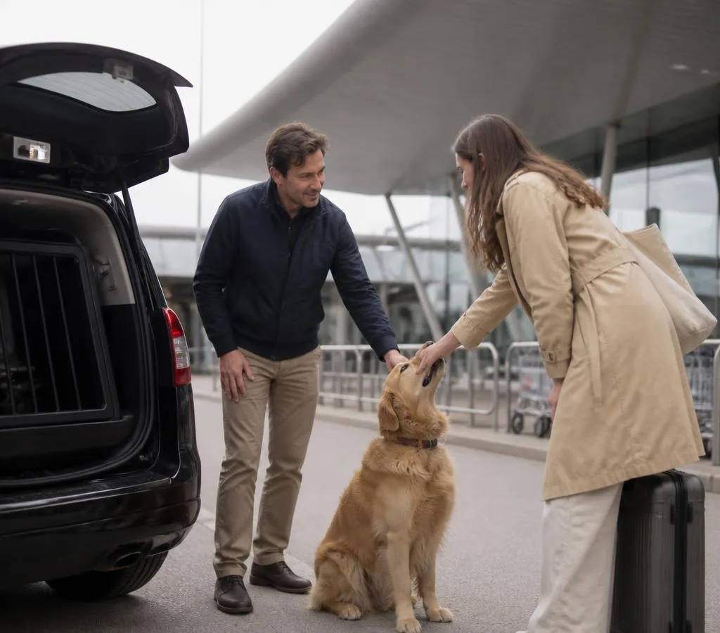 Passenger with a dog meeting a private pet taxi at a Paris airport