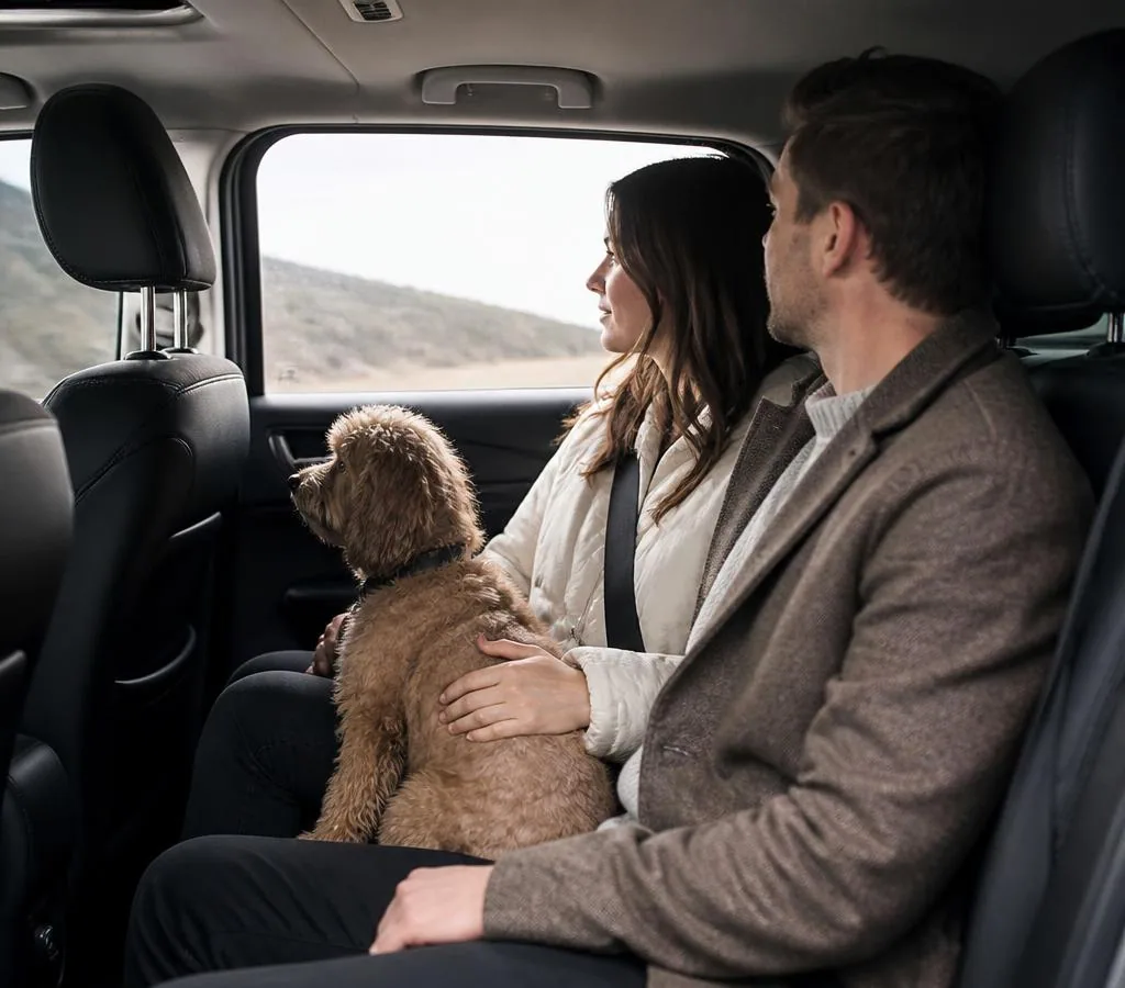 Passengers travelling with their dog in a private pet taxi from Paris to the UK