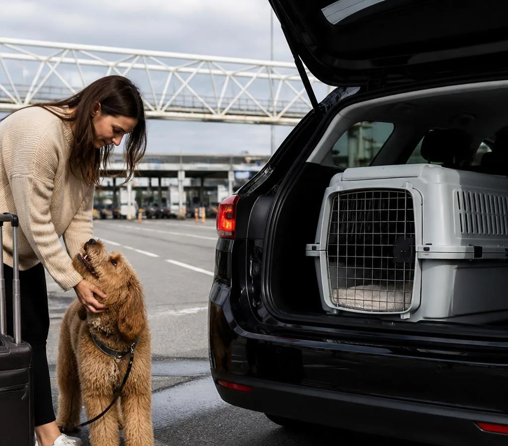 Passenger and dog beside a private vehicle before the Eurotunnel journey