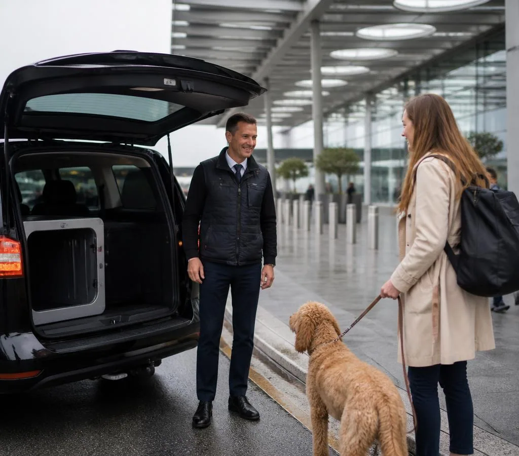 Passenger with a dog meeting a private pet taxi at a Paris airport