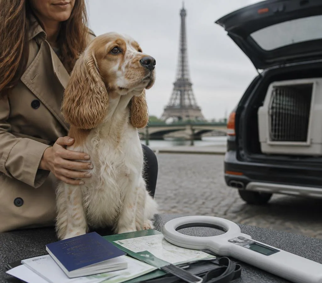 Pet travel documents, lead and microchip scanner prepared for a journey to the UK