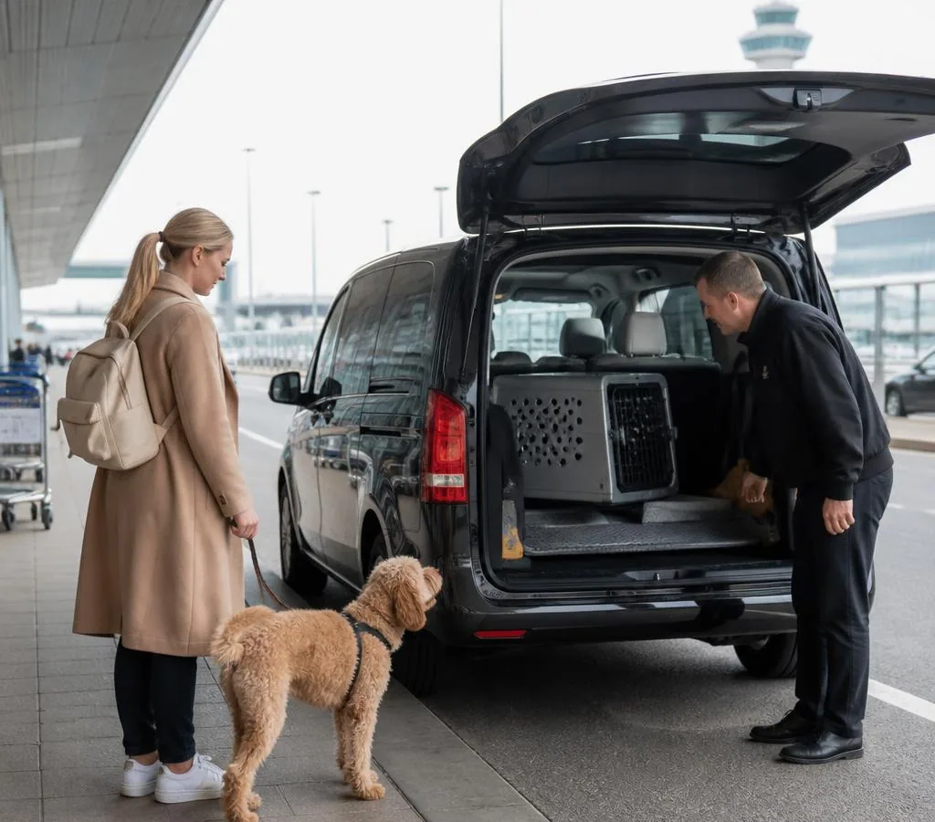 Passenger and dog meeting a private pet taxi at Amsterdam Schiphol Airport