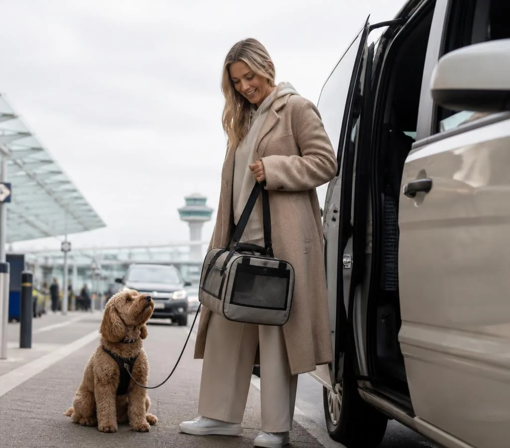 A passenger and dog beside a private transport vehicle at an airport pickup