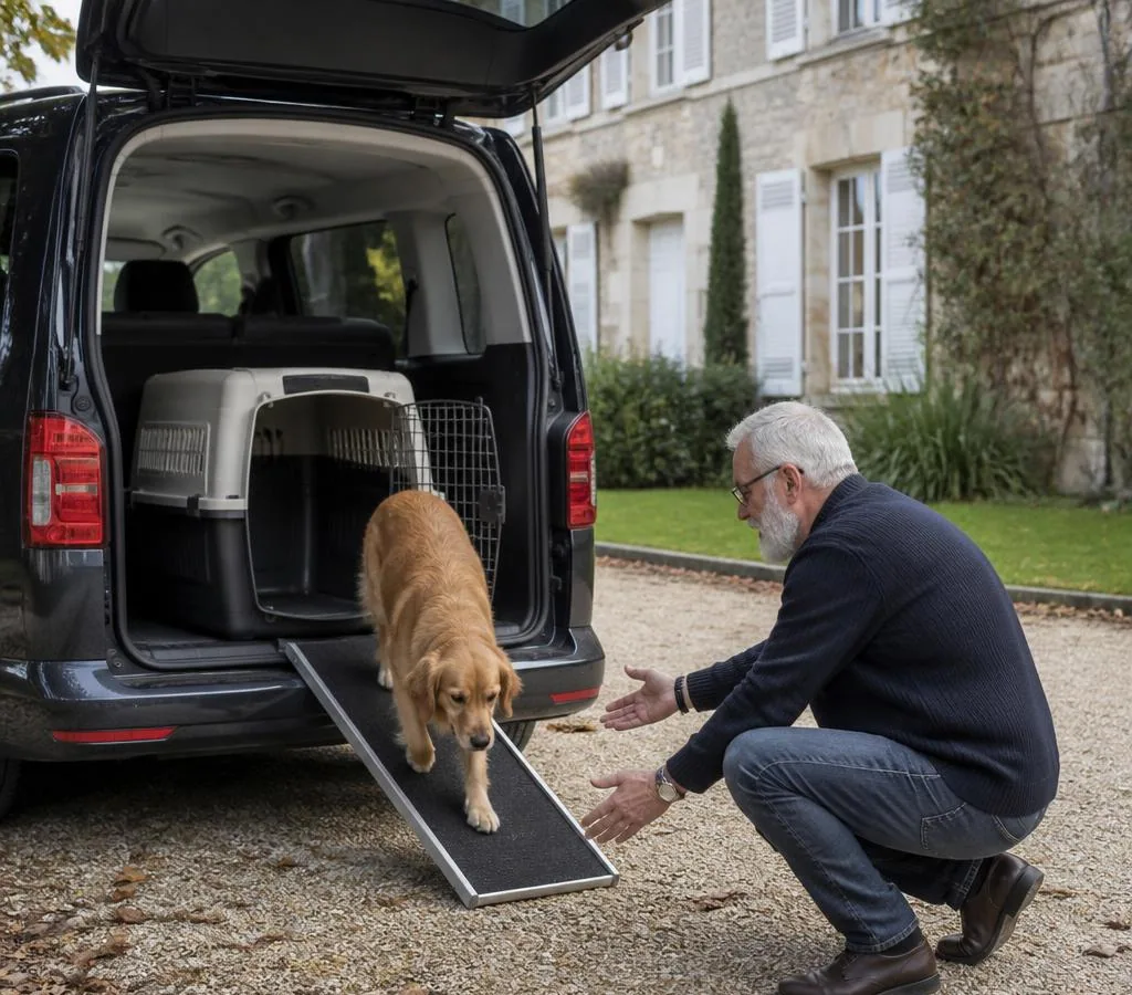 Dog arriving at a French destination after a private return pet taxi from the UK