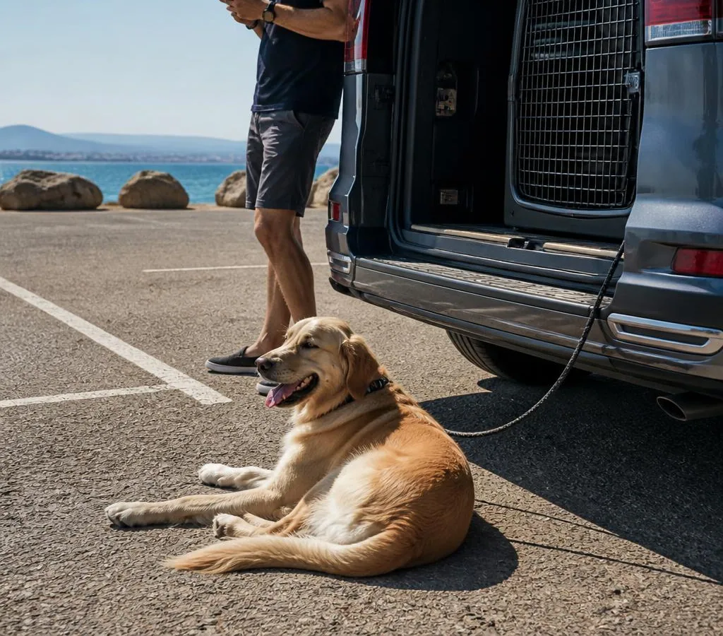 A dog taking a rest break beside a private transport vehicle