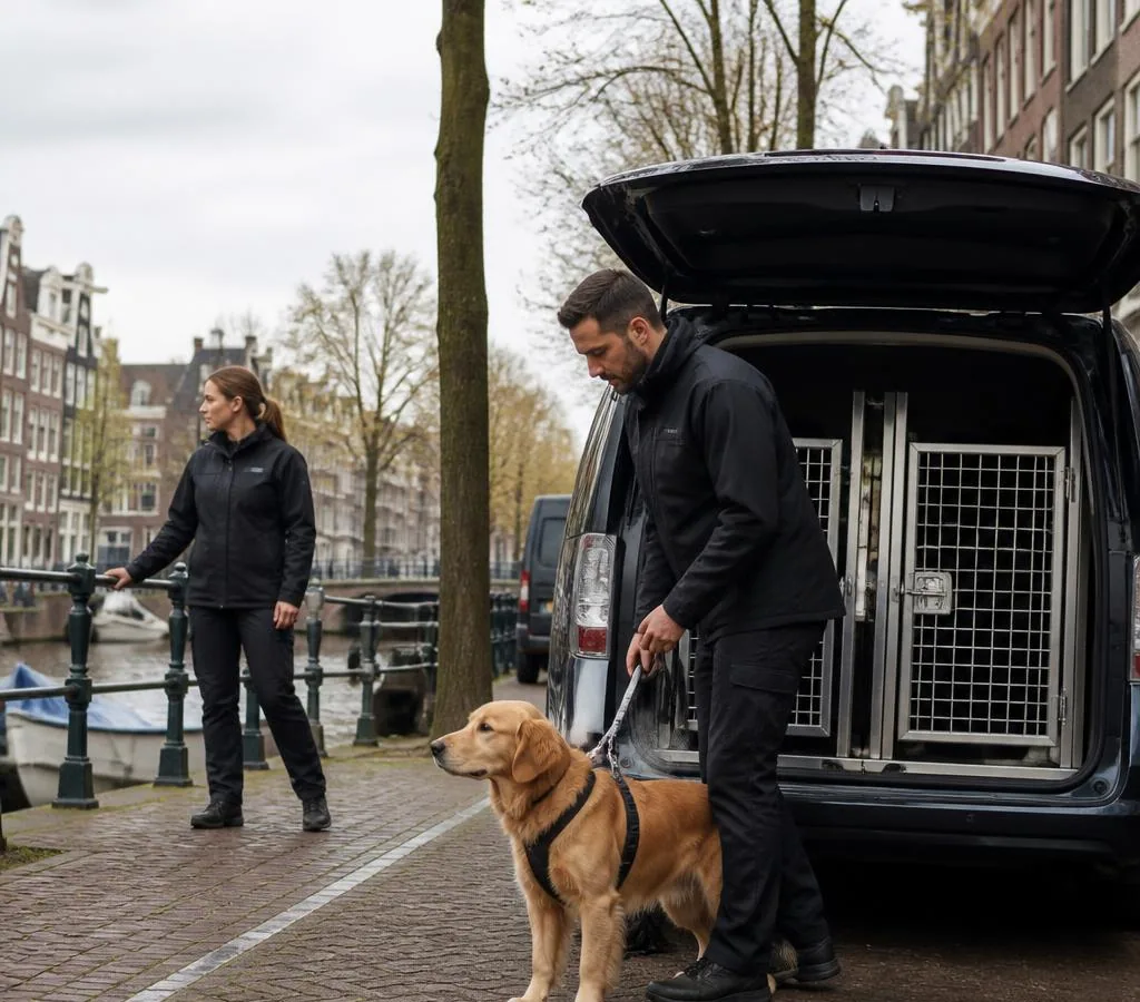EuroPaw team preparing a private Amsterdam to UK pet taxi journey
