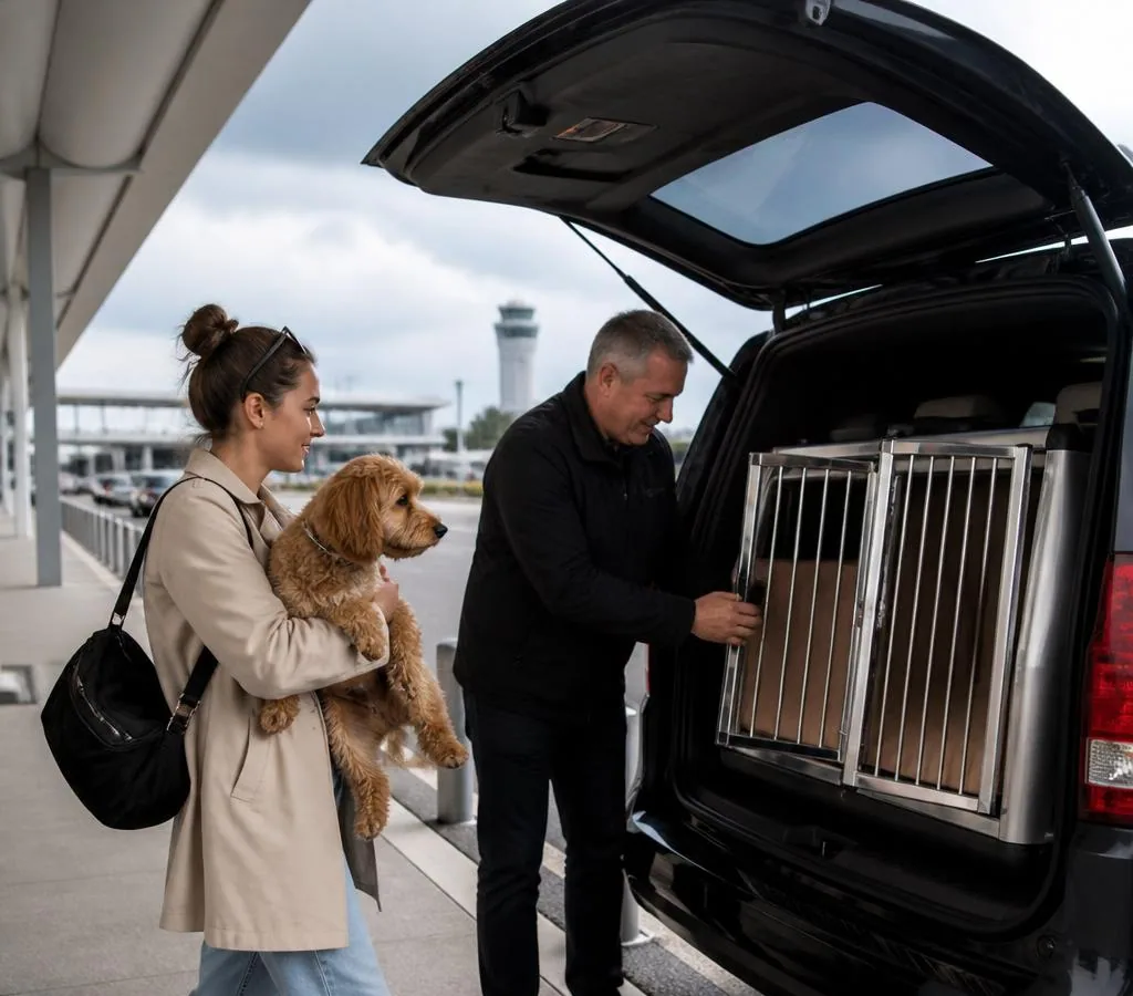 Passenger with a dog meeting a private pet taxi at Brussels Airport