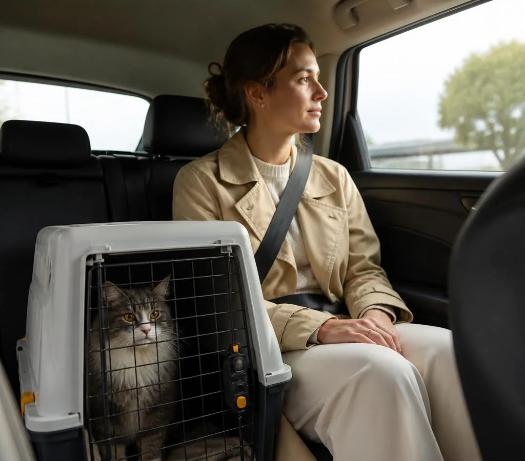 Cat travelling securely with its owner from Schiphol to a London address