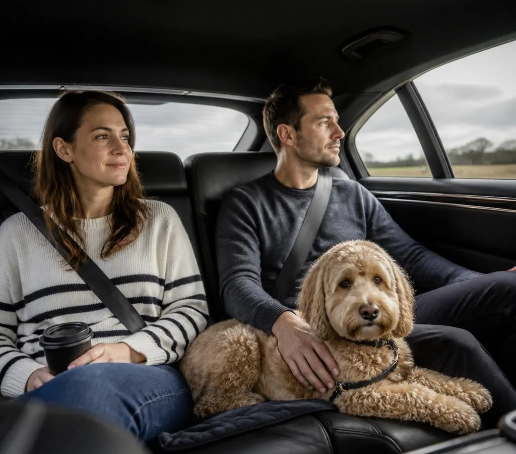 Passengers and a dog preparing for a private pet taxi journey