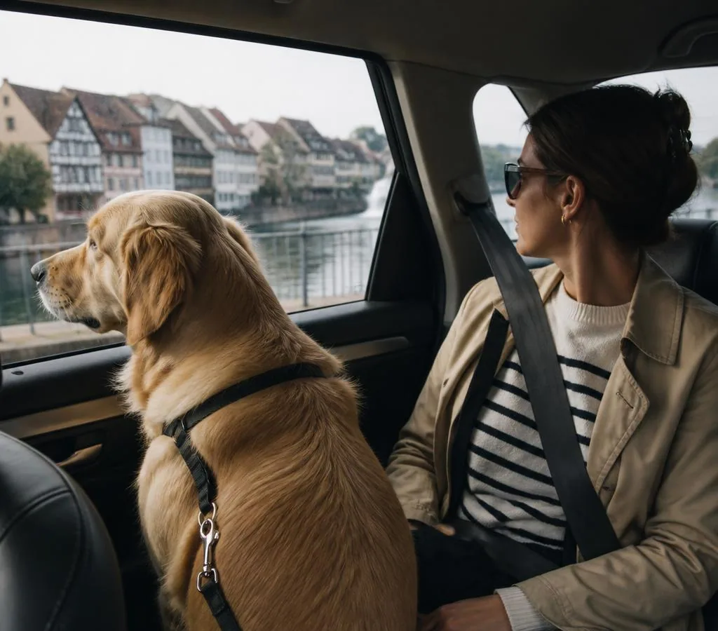 Pet travel documents, passport, leash and microchip scanner prepared for a UK journey