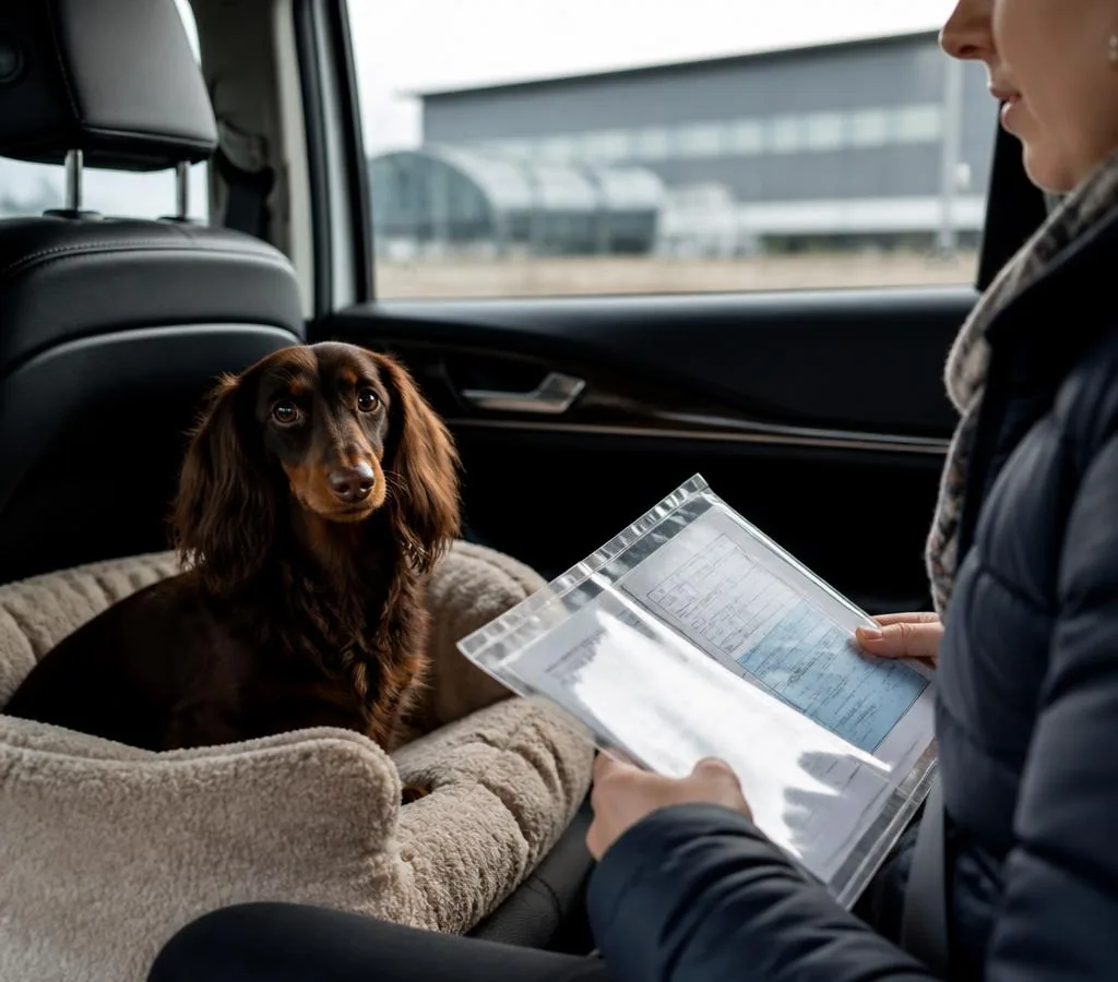 Dog travelling with its owner during a private Strasbourg to UK pet taxi journey